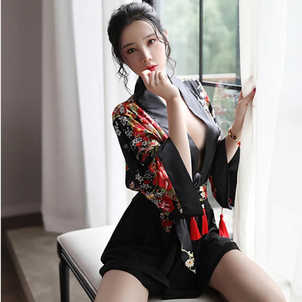 Sexy kimono dress with floral print Traditional miniskirt transparent for women Japanese fashionable bathrobe Short nightdress