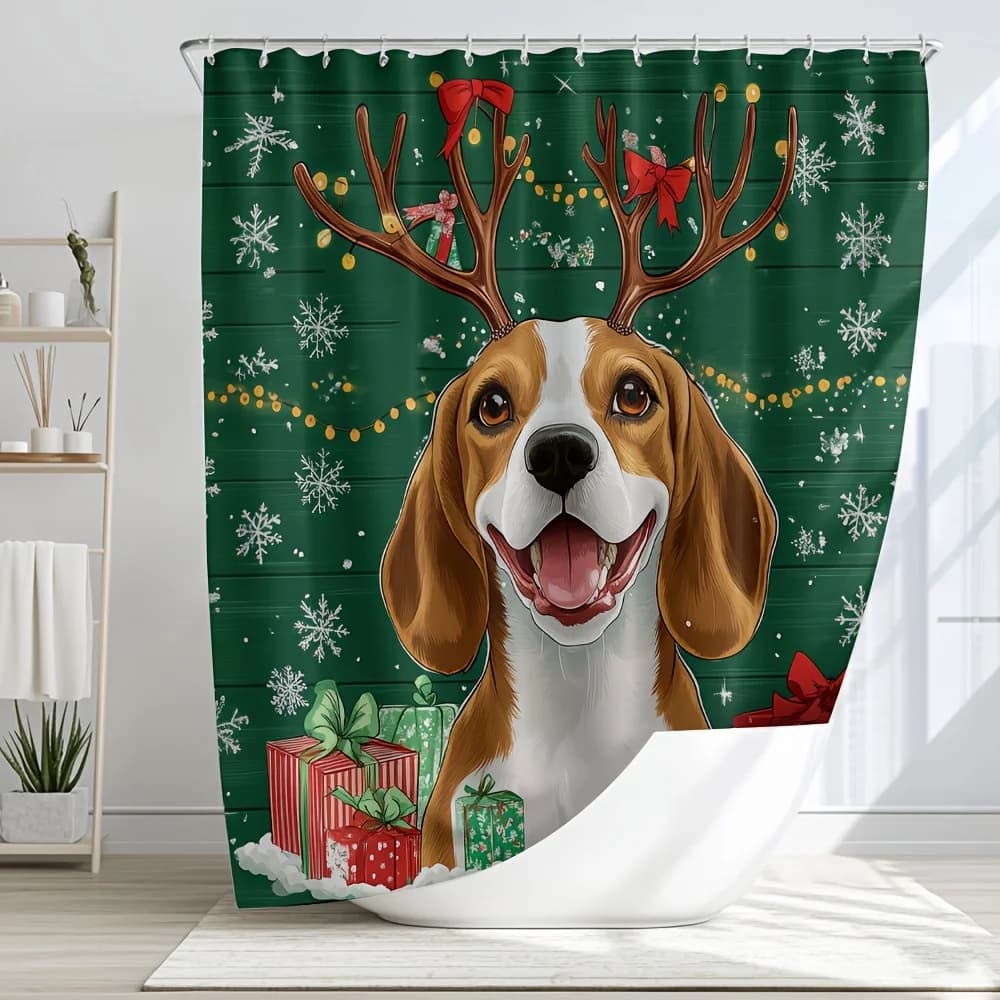 Suige Home Tenda da doccia natalizia per cani Beagle con stampa Decorazione per il bagno natalizia, tenda da bagno in tessuto poliestere