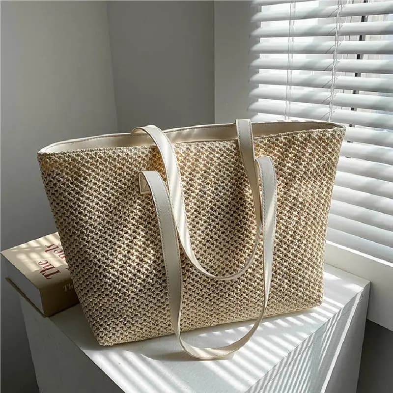 2026 Summer Beach Straw Women's Bag Large Capacity Shopper Tote Women Pure Color Shoulder Makeup Bag Casual Female Purse Handbag