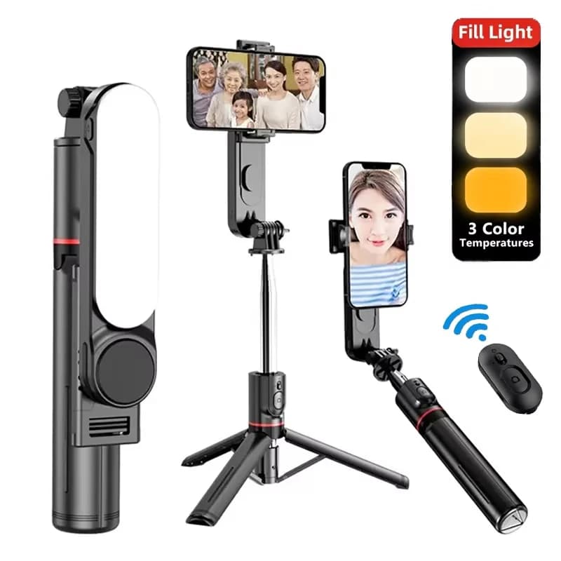 Mini treppiedi pieghevoli per selfie con luce LED e telecomando wireless Bluetooth per smartphone iOS e Android, ideali per foto e live streaming.