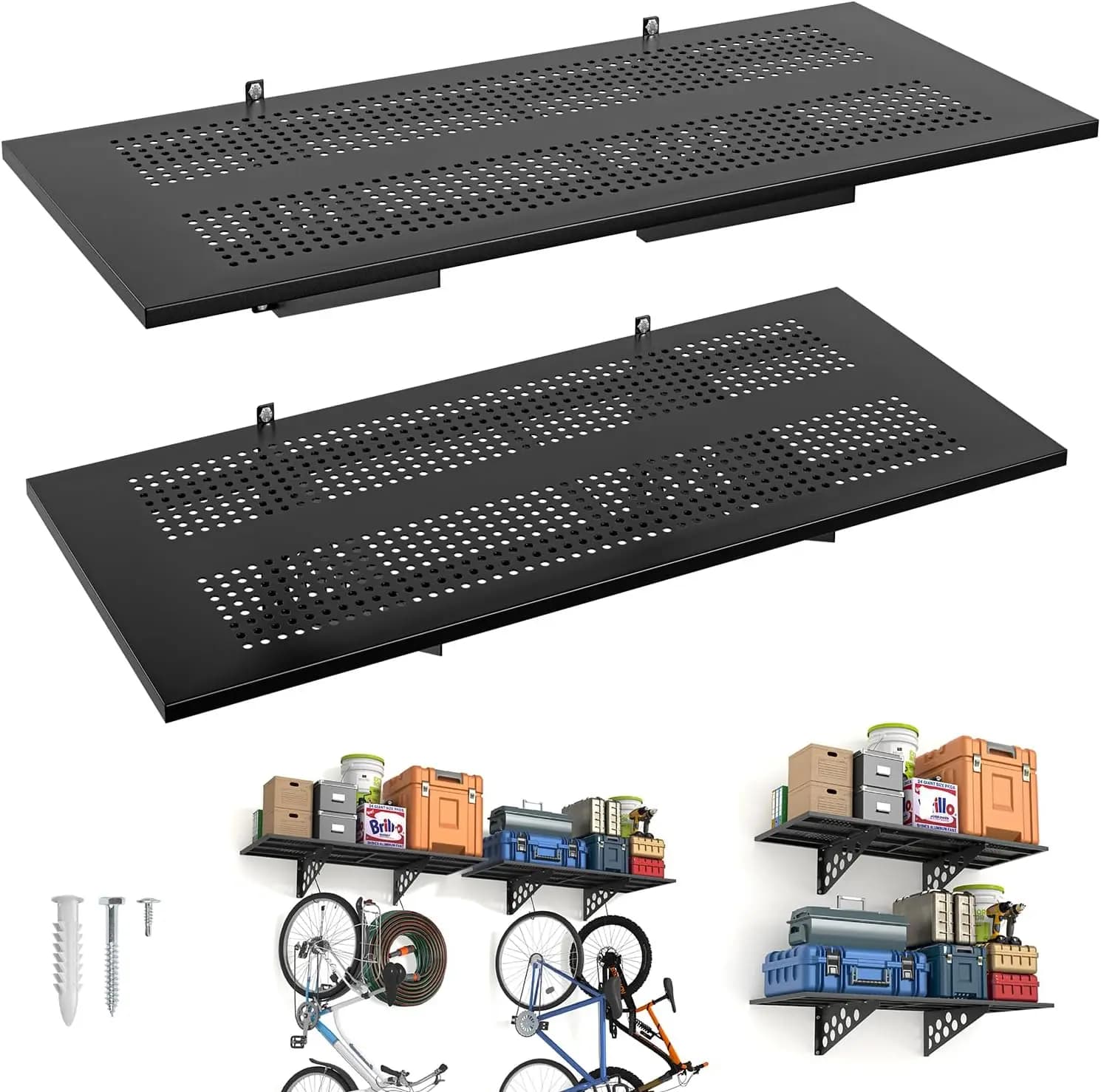 Set di 2 Scaffali da Parete per Garage 1,5x4ft, Scaffalatura Resistente Montata a Parete, Rastrelliera con Ganci (Nero)