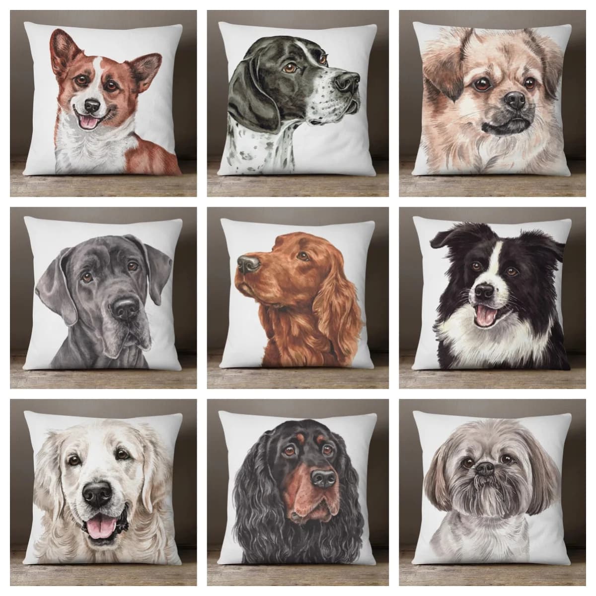 1 federa per cuscino con stampa realistica di razza di cane, stampa fronte-retro 2D in poliestere, ritratto artistico di animale domestico in acquerello, decorazione per casa e auto per amanti dei cani G