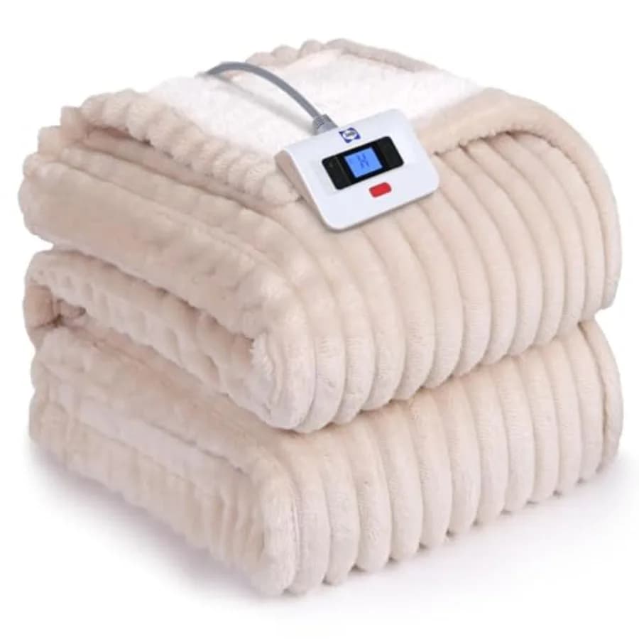 Coperta Elettrica Matrimoniale Morbida in Flanella a Costine Reversibile in Sherpa con 10 Impostazioni di Calore e Spegnimento Automatico da 1 a 12 Ore