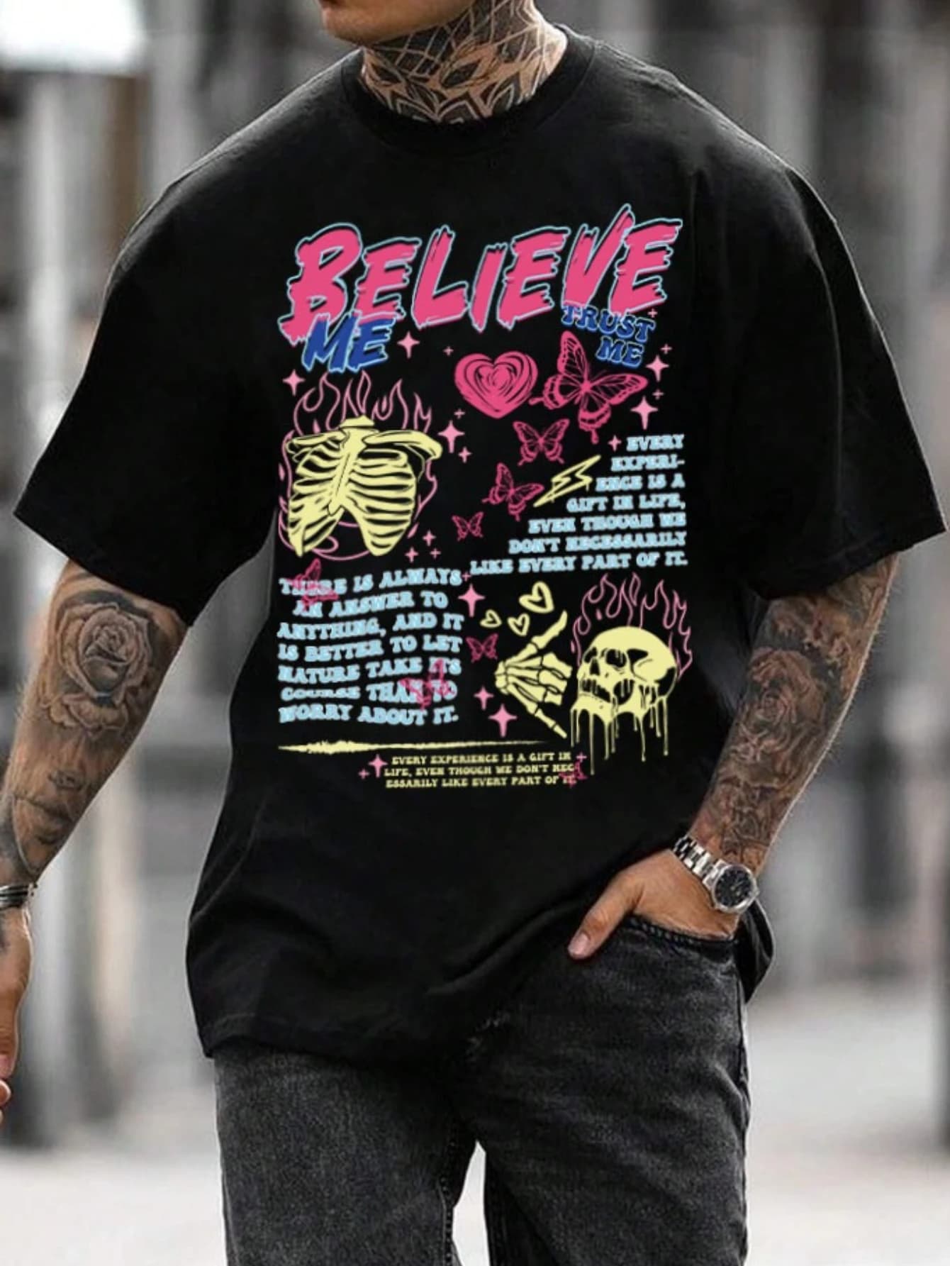 Men Oversized T Shirt Believe Me Skeleton Rib Butterfly Heart Flame Chest Print Crew Neck Short Sleeve Street Loose Casual Tee