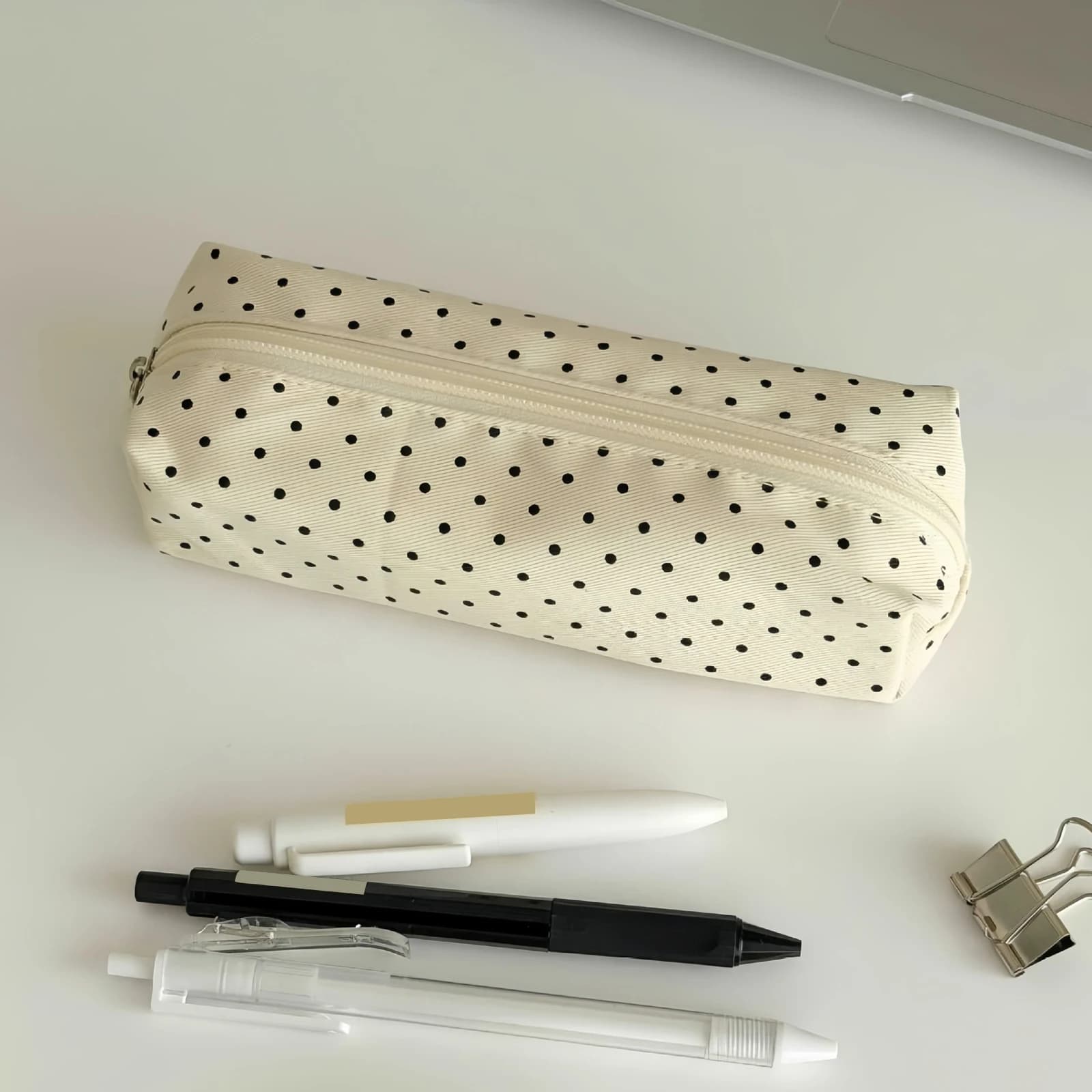Polka Dot Pencil Pouch Canvas Korean Style Pen Bag Minimalist Cute Stationery Case for Girls