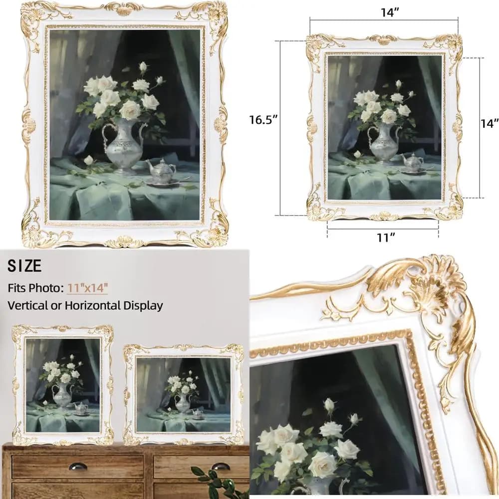 Elegant White Frame 11x14 with Floral Design in Relief for Wall or Table Display