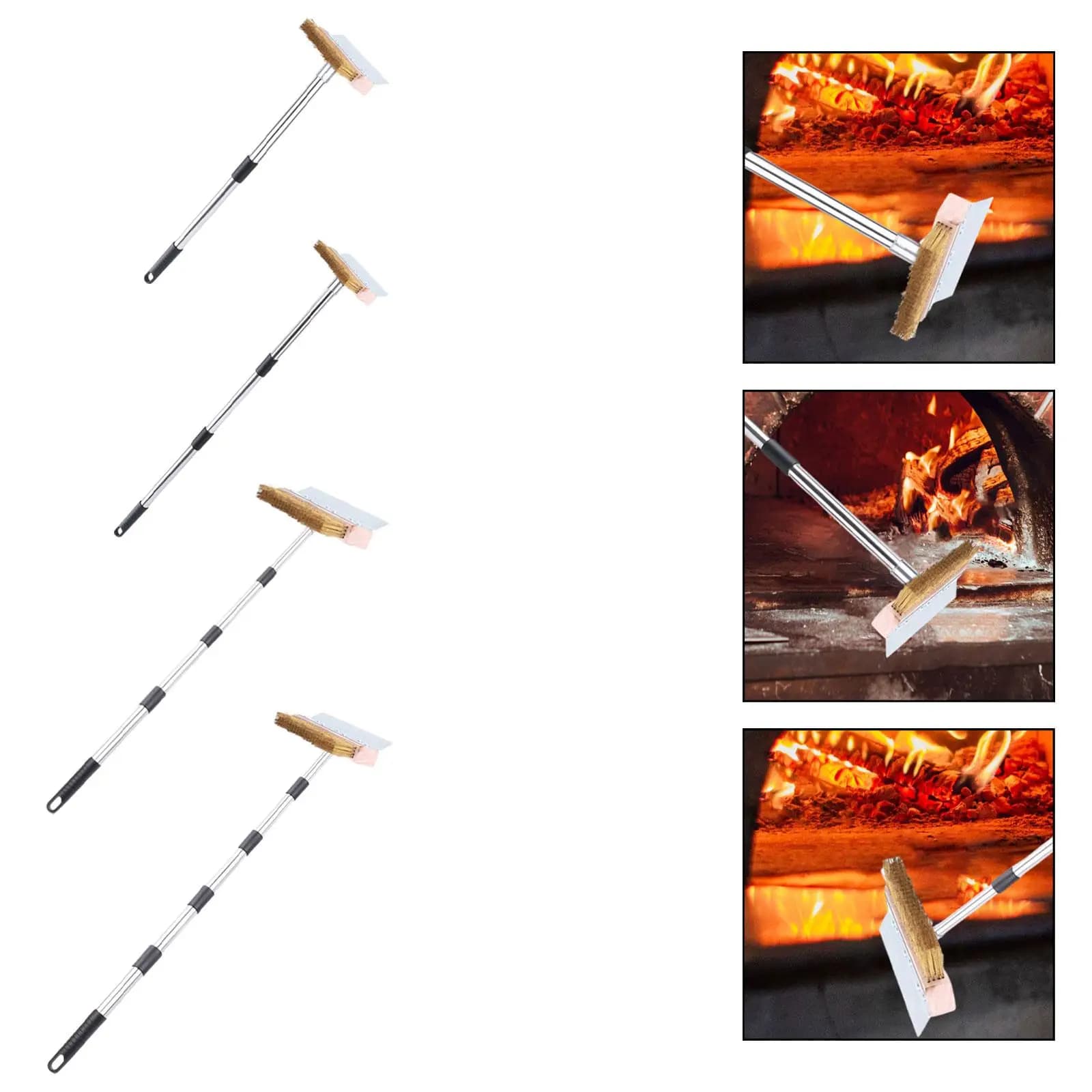 Pizza Oven Cleaning Tool with Scraper Extra Wide Copper Bristles Long Handle for Outdoor Barbecue and Grills