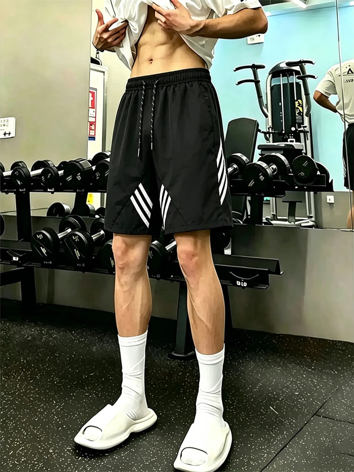 Pantaloncini Sportivi Neri a Tre Strisce ad Asciugatura Rapida da Uomo, Estivi, Americani, per Corsa, Basket, Fitness, Casual, a Cinque Quarti