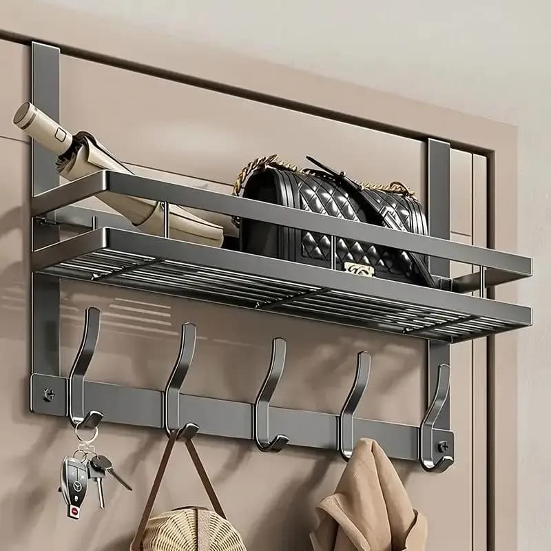 1Pc Heavy Duty Over The Door Hook 5-Hook Metal Hanger Organizer Punch-Free Space Saving Storage Rack for Clothes Coats Hats Towels Bags No Drill Back Door Hanging Organizer for Bathroom Bedroom Closet
