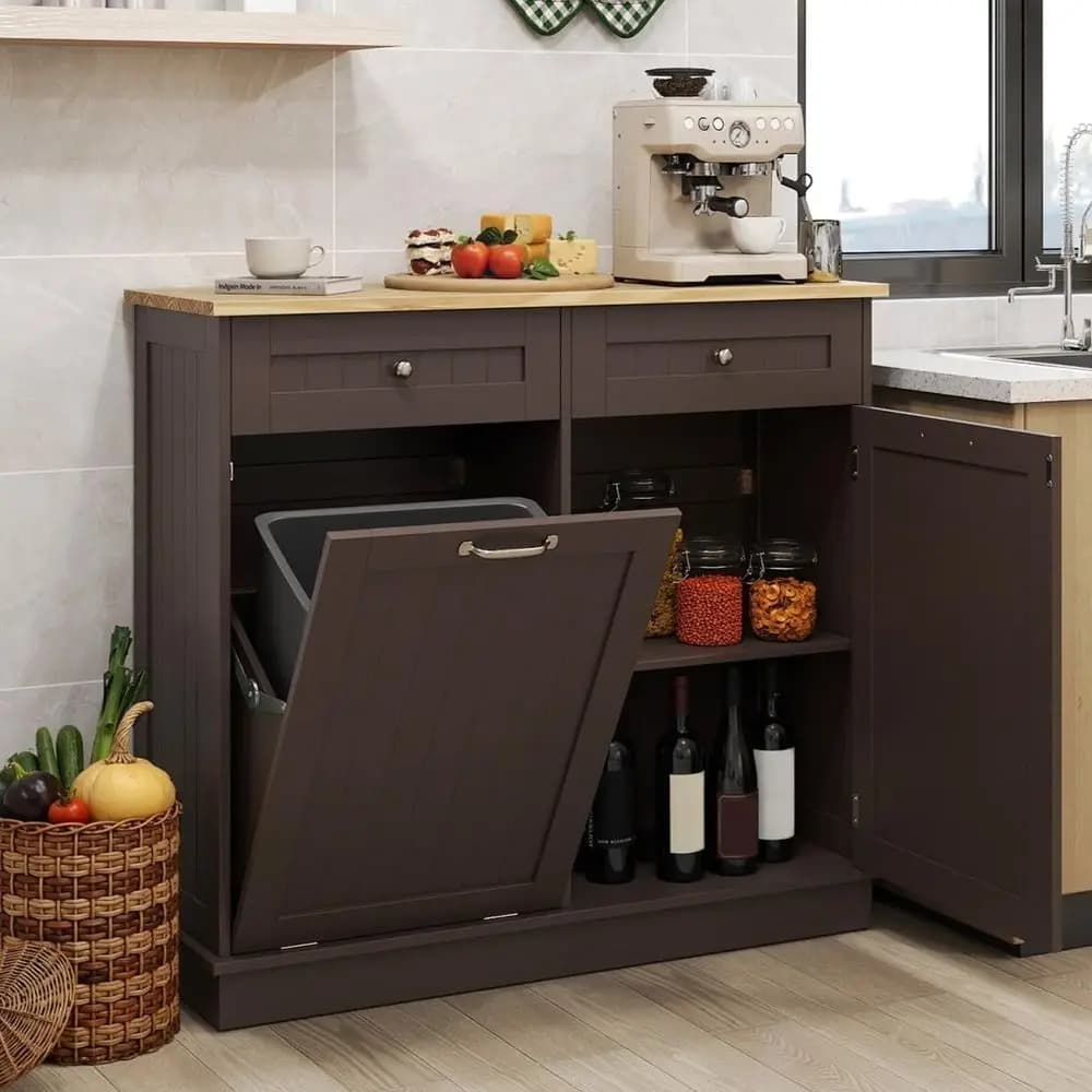Mobiletto per Lavanderia a Doppio Cassetto con Ripiani Regolabili, Piano in Legno di Gomma, Contenitori per Rifiuti e Riciclo per Cucina/Sala da Pranzo