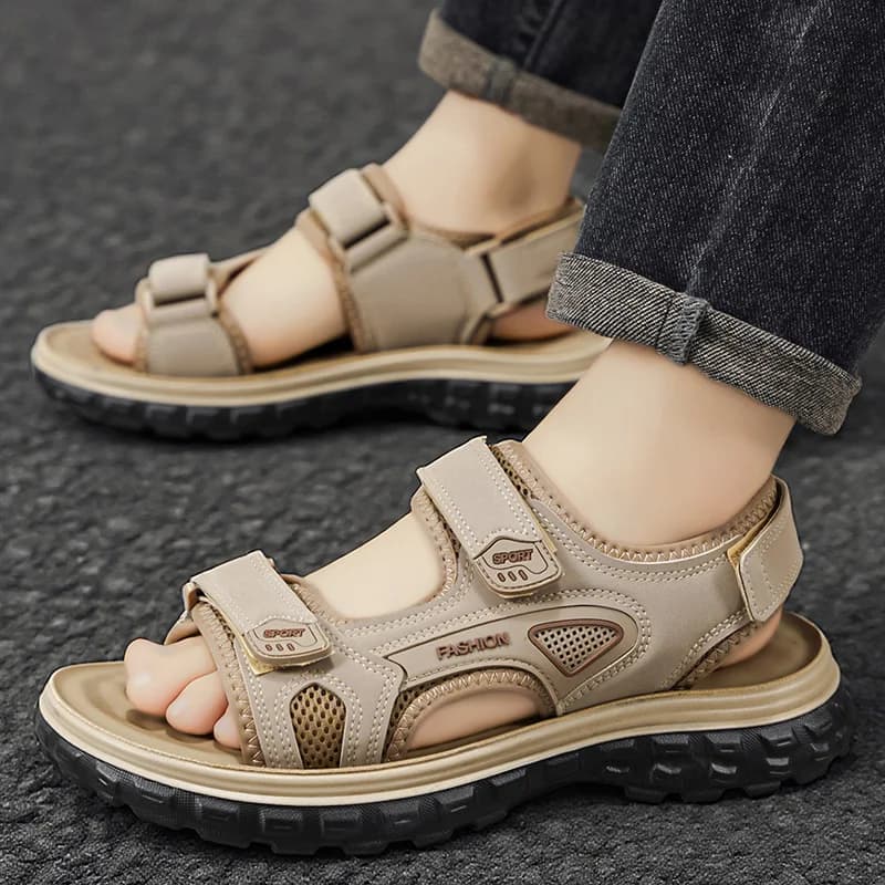 Men's Outdoor Non-Slip and Wear-Resistant Casual Beach Sandals with Double Velcro Straps, Suitable for Beach, Camping, Hiking, S