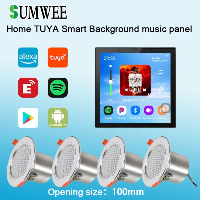 Amplificatore da parete da 4 pollici con Android 11, Tuya Smart Home, Bluetooth, controlli vocali Alexa, musica di sottofondo e altoparlanti a soffitto.