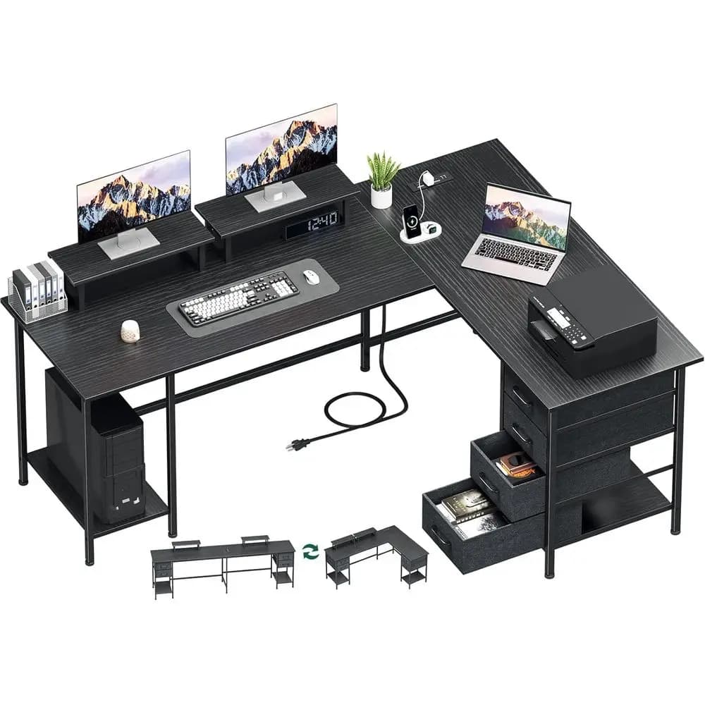 Large 66-inch L-shaped computer desk for home office with power sockets, 4 adjustable drawers and 2 monitor supports, ideal for T