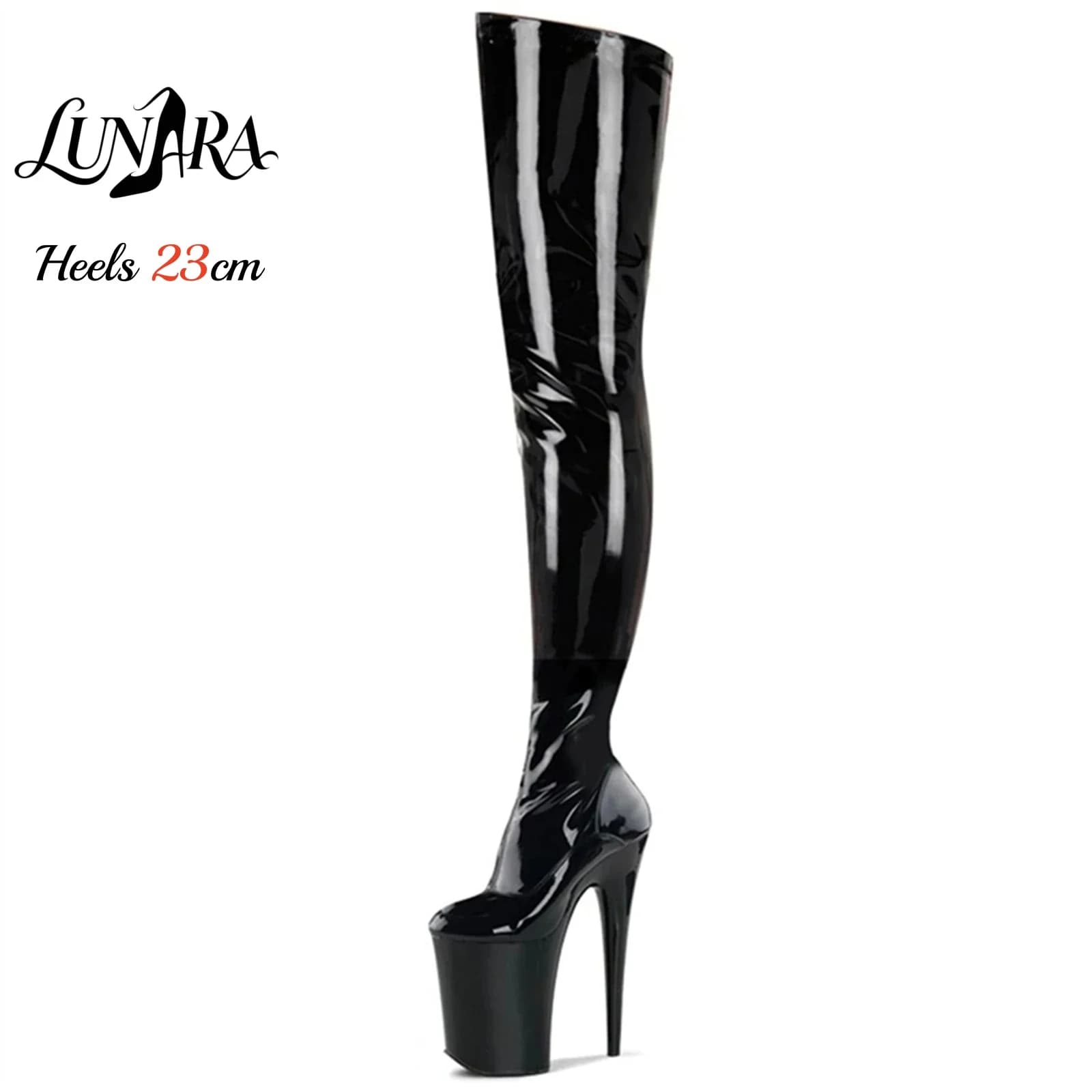 Stivali alti sopra il ginocchio con plateau e tacco a spillo neri in vernice, altezza 23 cm/9 pollici, con cerniera, antiscivolo, per pole dance, discoteca, rave, da donna.