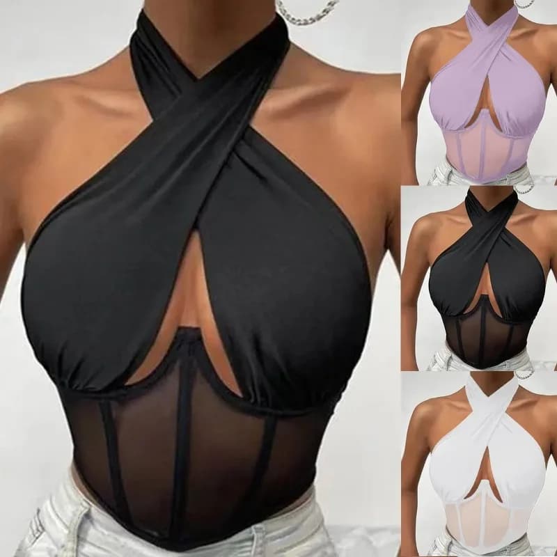 Top elasticizzati in cotone sexy per le donne Camicette senza maniche con scollo incrociato Camicette senza maniche con scollo scavato alla moda Canotta con scollo irregolare