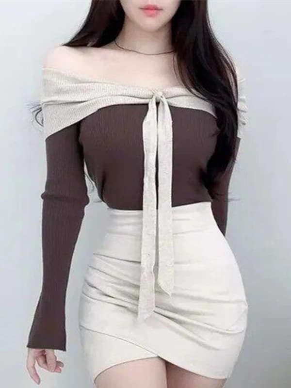 Dongda Gate New Style Women's Knitted T-shirt Shoulder Bared One-Shoulder Slim Fit Knot Knitwear Korean Soft Wool B...