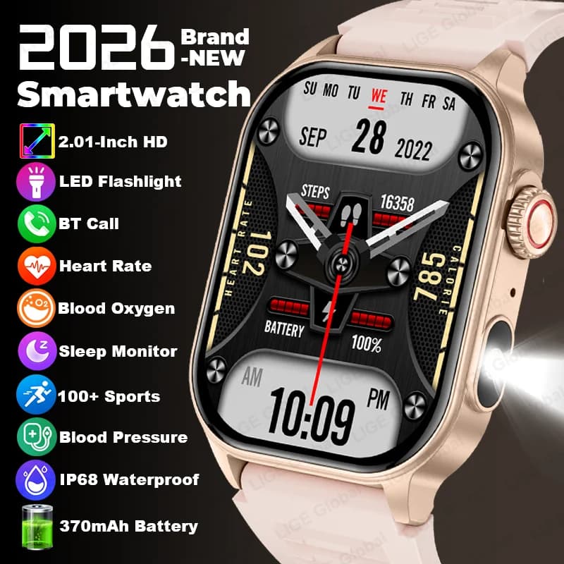 LIGE 2026 Nuovo Smartwatch da Donna con Torcia, Display HD da 2.01'', Chiamate Bluetooth con AI Voice, Orologio Sportivo, Monitoraggio della Salute, Smartwatch da Uomo