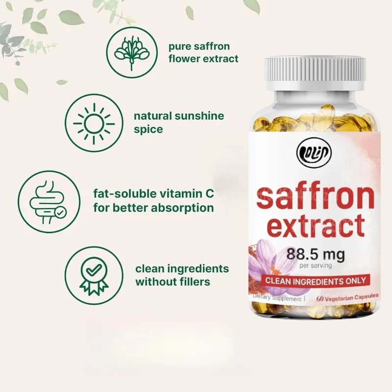 Pure Saffron Supplement 88.5mg,60 Vegetarian Capsules -100% Pure Saffron Extract Containing Vitamin C for Overall Health Support