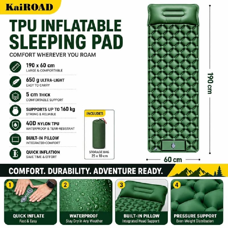 Outjoy Inflatable Camping Sleeping Pad Foot Press Inflatable With Pillow 40D Nylon Tpu Diamond Shaped Thickened Outdoor Hiking