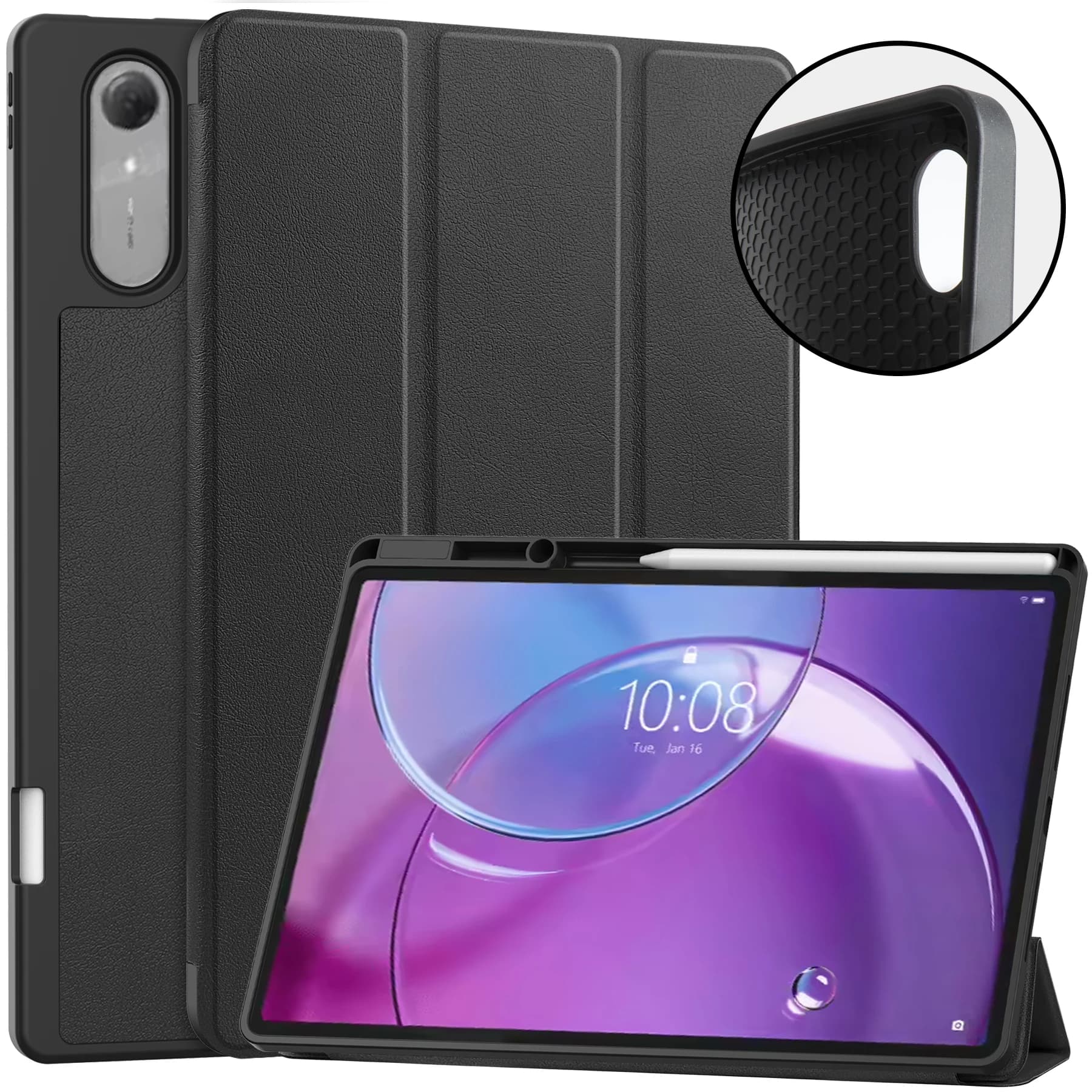 For Lenovo Idea Tab Pro Gen 2 Stand Case Shock-Absorbent Leather Tablet Cover with Pen Slot - Black