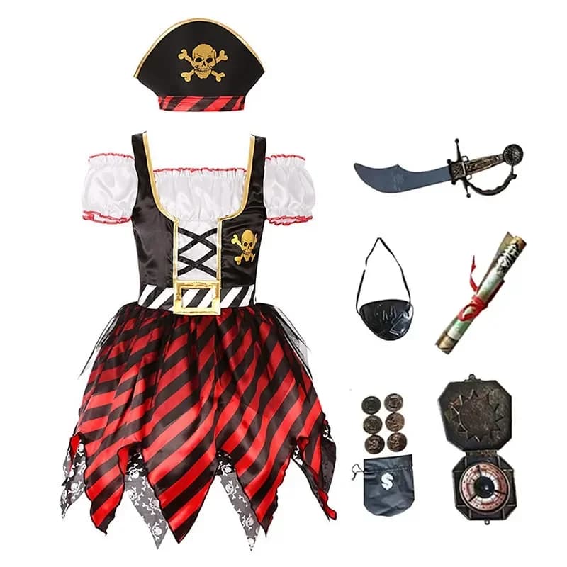 Girls Pirate Skull Party Costume Striped Dress with Toy Set for Christmas Halloween Gift Captain Jack Princess Dress Party