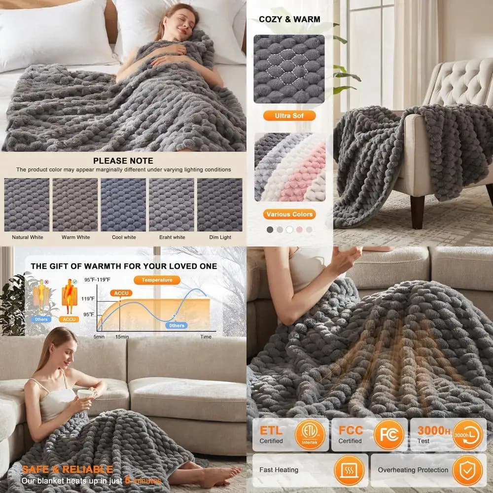Coperta elettrica jacquard 3D a riscaldamento rapido, 6 livelli di calore e spegnimento automatico, lavabile, 50x60, grigio Londra