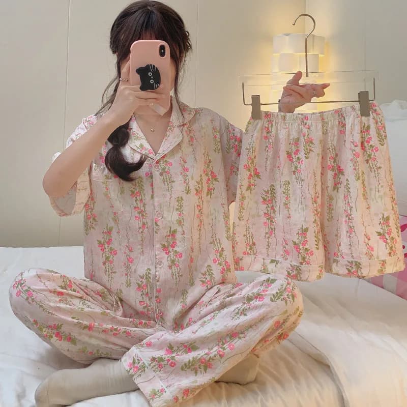 New Spring/Summer Women's Short-Sleeve Pajamas: Floral Print Pajamas, Girls' Short-Sleeve Shorts, 3-Piece Loungewear Set