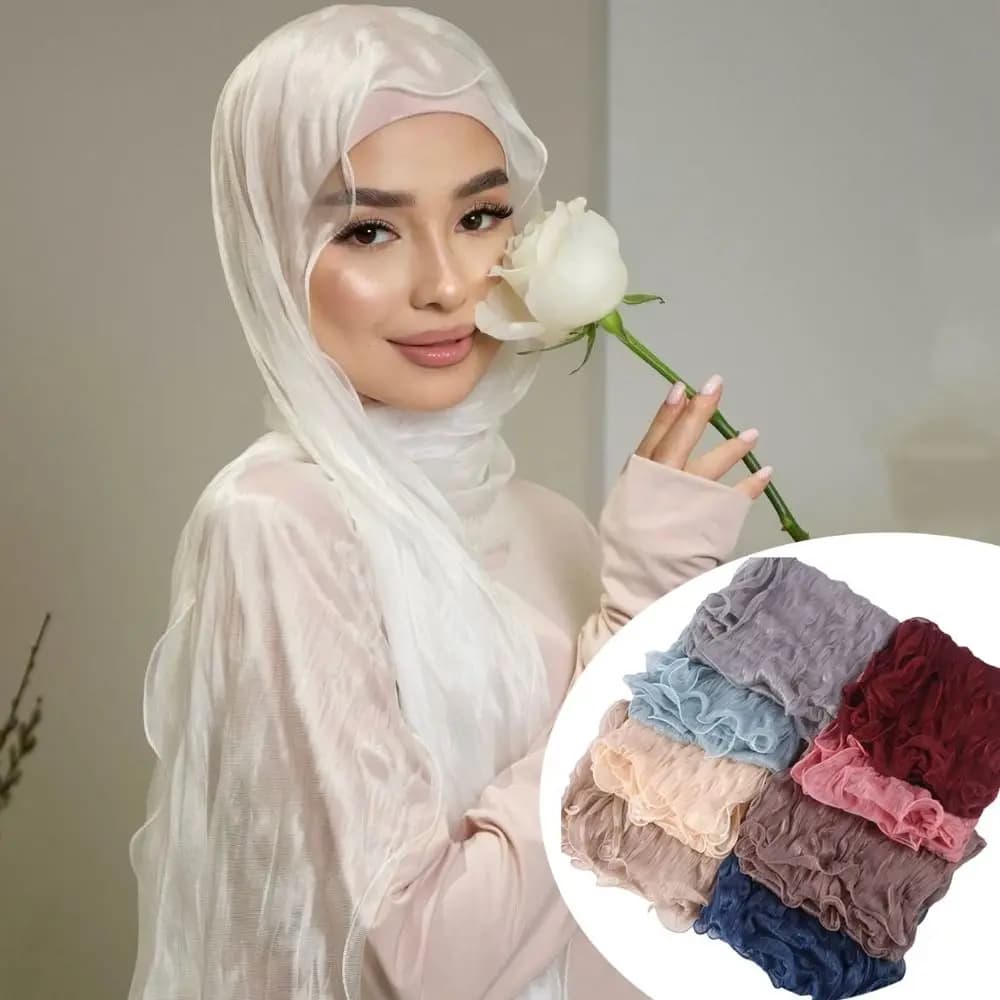 Fashion Solid Color Silk Scarf Ruffled Edge Shining Chiffon Hijab Veil Chiffon Long Sunscreen Headscarf Outdoor