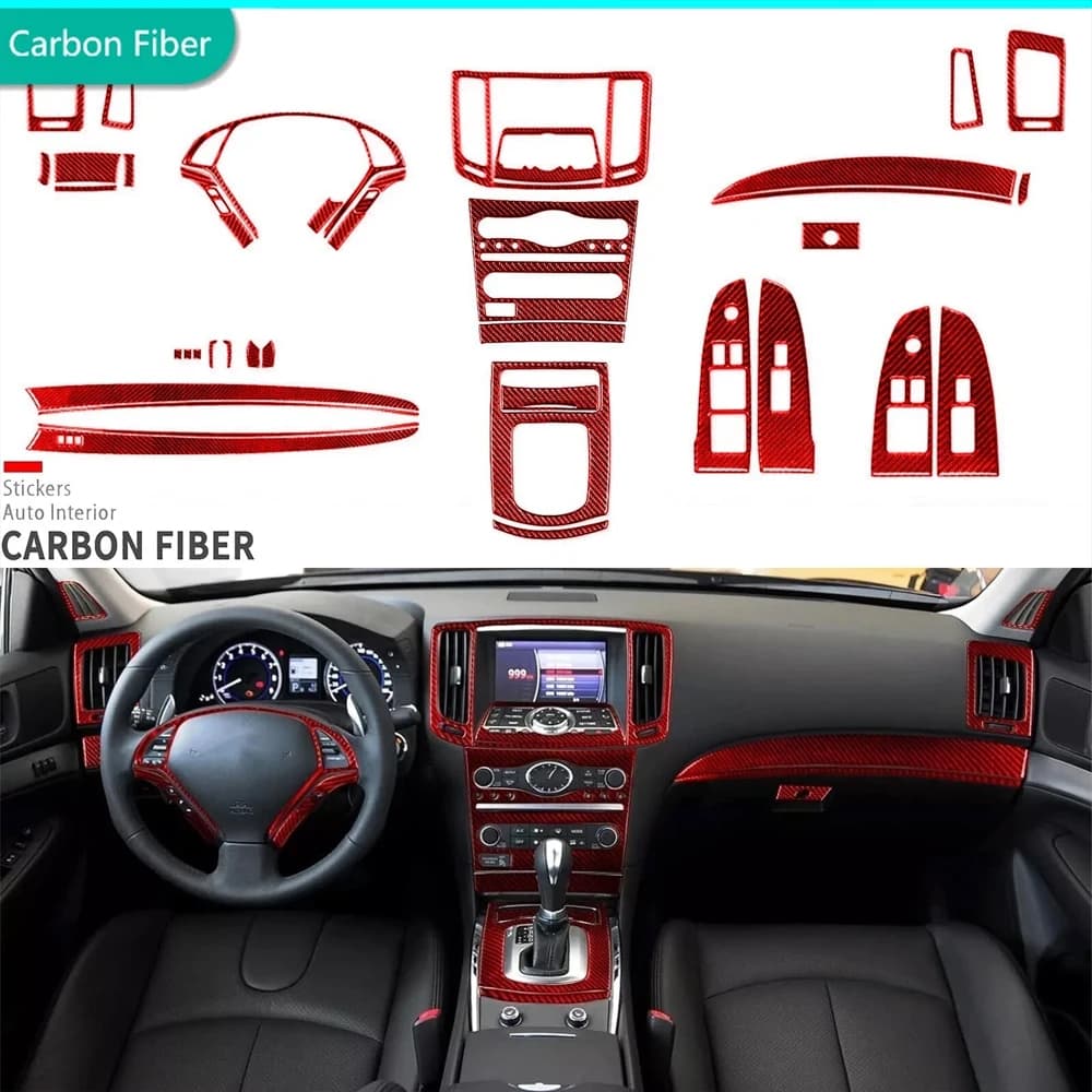 42Pcs Red Carbon Fiber Full InteriorCentral Console Gear Shift Air Vent Kits Trim For Infiniti G37 Coupe 2010 2011 2012 2013