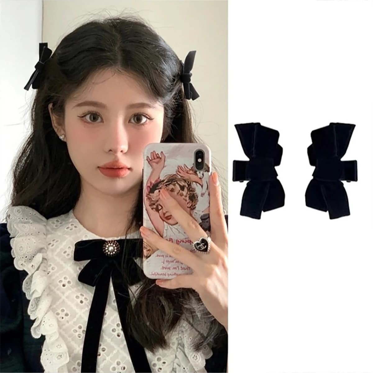 1/2 pcs. Small hair clip with black and red bow, velvet, princess style, for girls and women