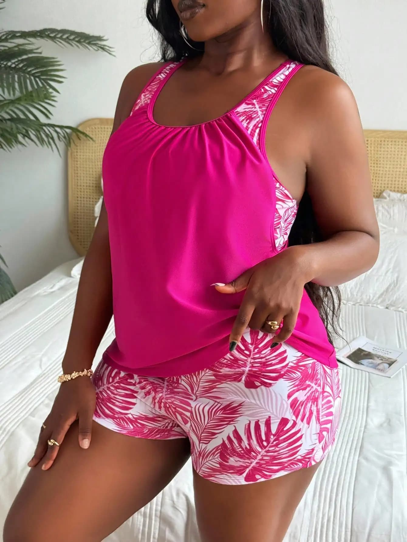 Costume da bagno tankini con stampa tropicale per donna taglie forti, ideale per le vacanze al mare