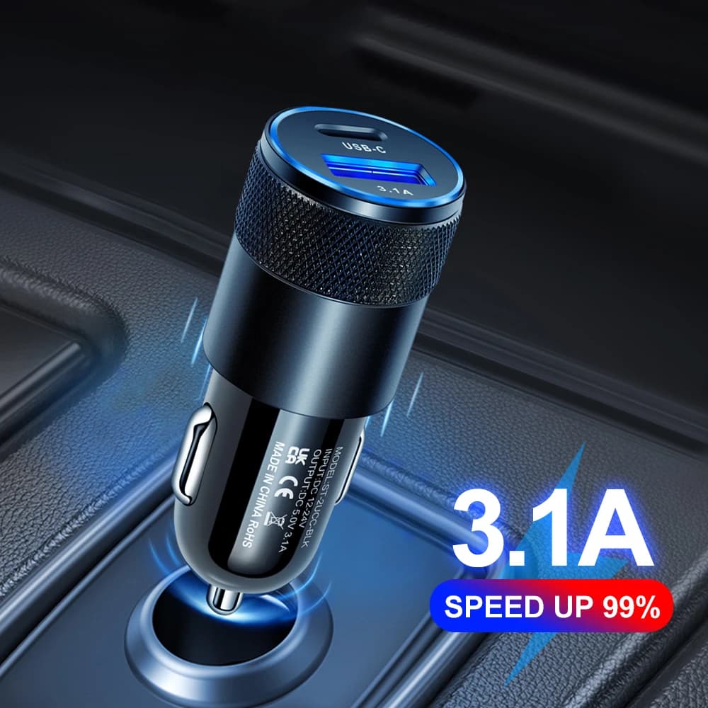 Caricabatteria da auto doppio USB 3.1A QC3.0 Caricatore per telefono PD a ricarica rapida Adattatore per accendisigari automatico 12-24V per iPhone Xiaomi Huawei