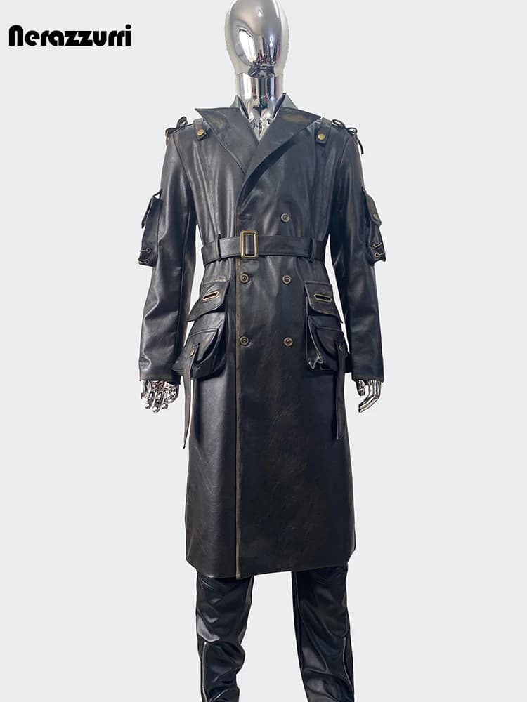 Nerazzurri Primavera Autunno Fresco Lungo Impermeabile Distressed Nero Pu Trench in Pelle da Uomo Tasche per Cintura Abiti di Design di Lusso