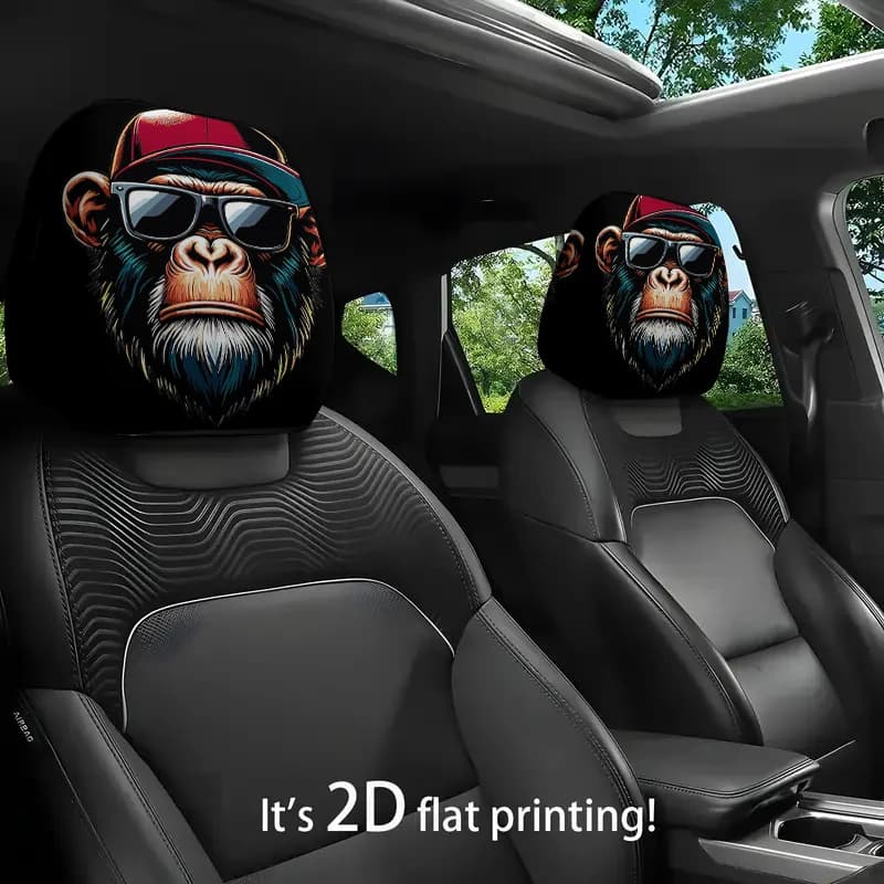 2 pezzi/4 pezzi Design alla moda con testa di scimmia | Coprisedili per Poggiatesta Auto Stampati in 2D, in Poliestere, Applicabili Universalmente, Perfetti per