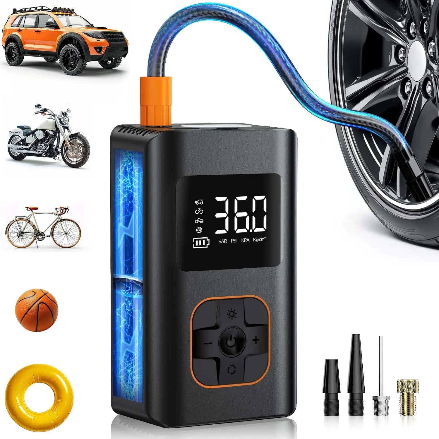 Compressore d'aria portatile 150 PSI, pompa per pneumatici senza fili con indicatore digitale per auto, bici, moto