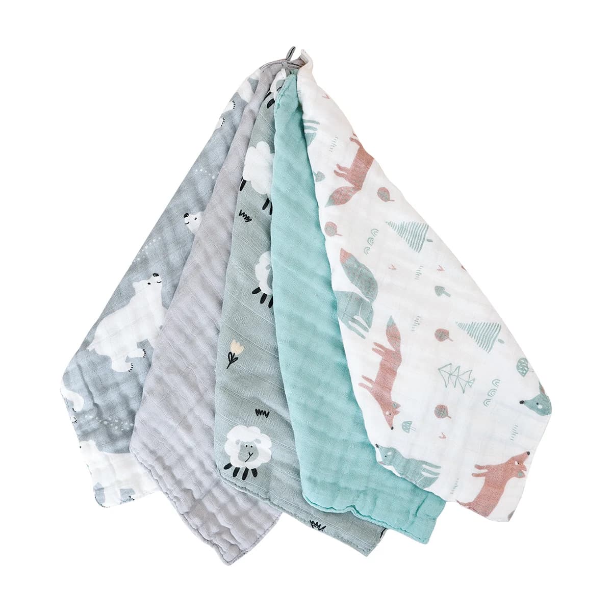 HappyFlute New 30*30CM Cute Animals Print 5 pezzi Set Bamboo Cotton Hanging Design Baby For Home o Travel Use asciugamano quadrato per bambini