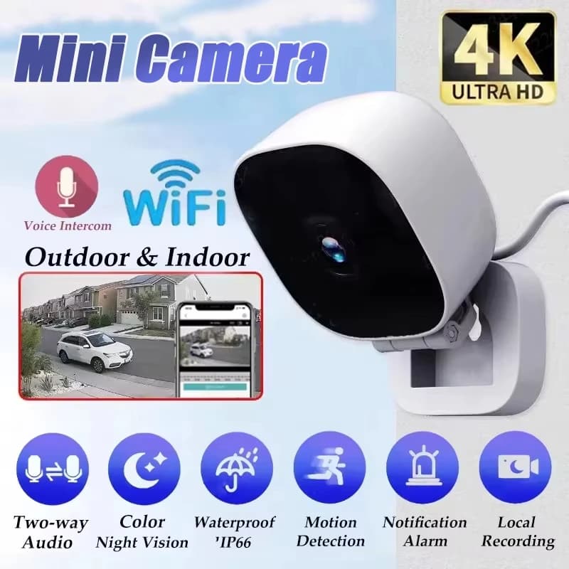 Mini telecamera di sicurezza 4K IP65 impermeabile visione notturna a colori rilevamento movimento sorveglianza monitor Wifi con audio bidirezionale 2026