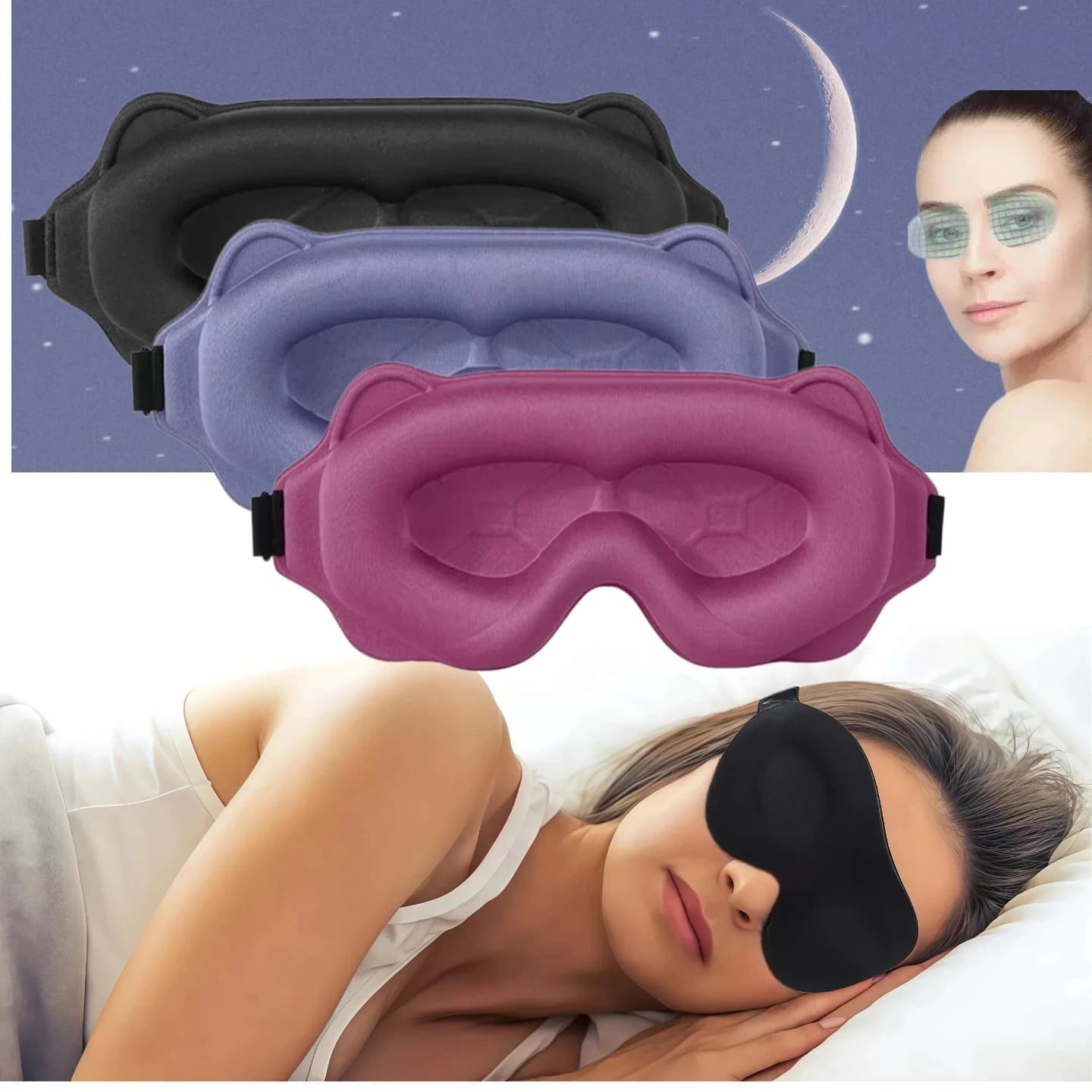 Mask for Sleeping 3D Contornata, Ideal for Sleeping on a Flank - 100% Dark, Soft and Without Stress - Suitable for Travel, Riposini and Yoga