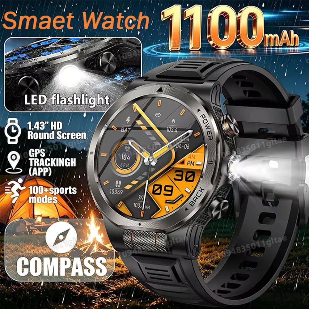 2026 New Military Grade 1100mAh Battery Smart Watch Men GPS Path 5ATM Waterproof Sports Run Tracker Outdoors Compass Smartwatch