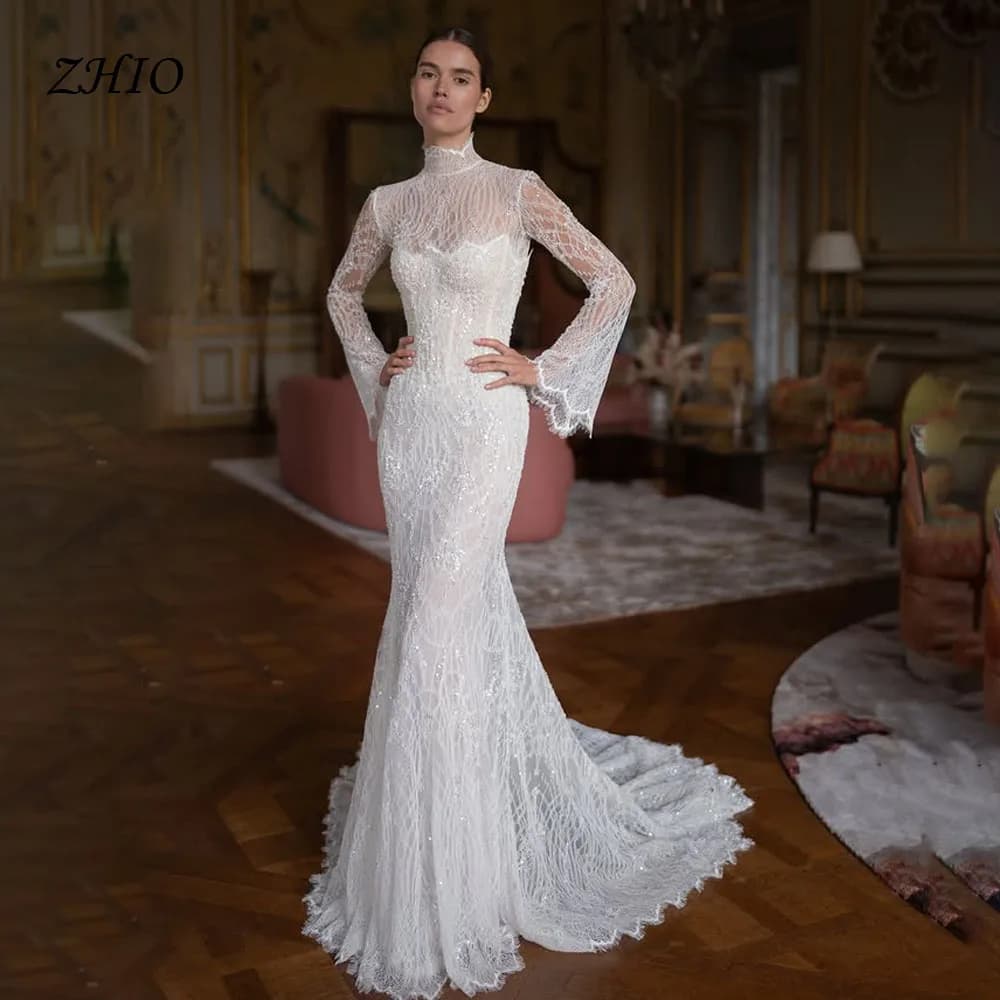 Women's 2026 Boho ZHIO Lace Sleeveless Long Siren Wedding Dress with High Neck, Back and Back buttons, Customizable