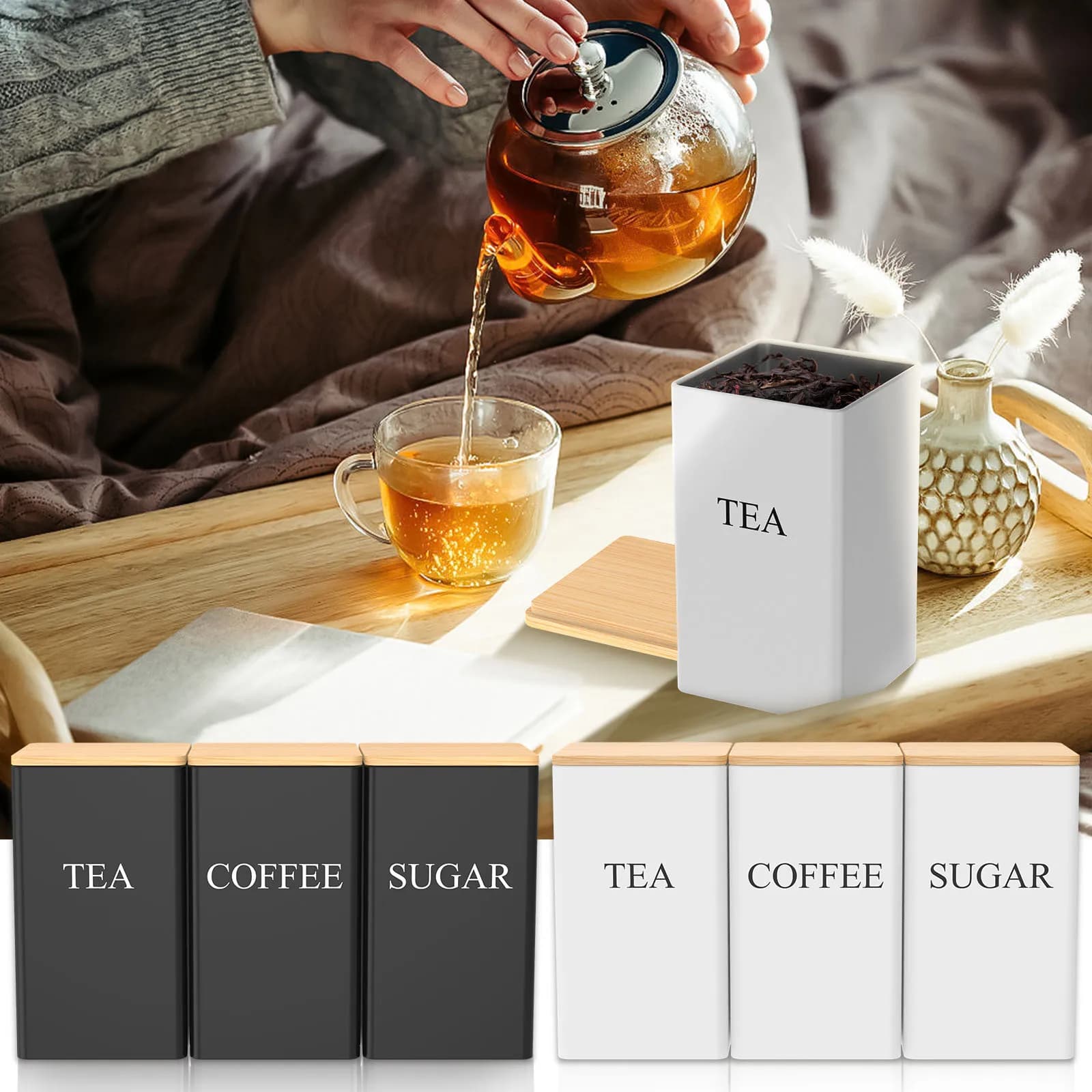 Set contenitori da cucina Contenitore per caffè, zucchero e tè, barattoli in metallo con coperchio in bambù, barattoli quadrati neri per snack da cucina da 1000 ml