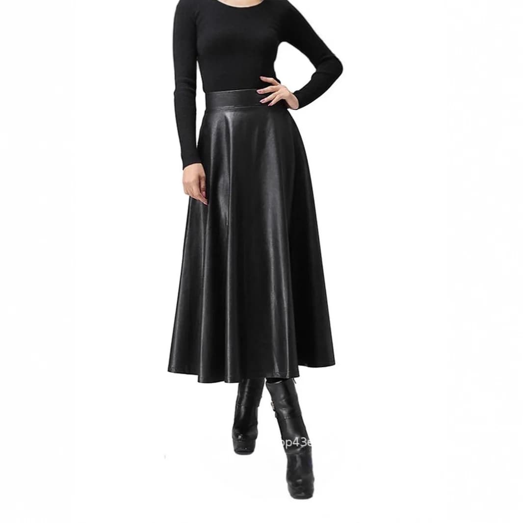 Gonna Lunga in Pelle a Vita Alta da Donna, Modello Svasato, Collezione Primavera 2026 - Nuova Tendenza Moda