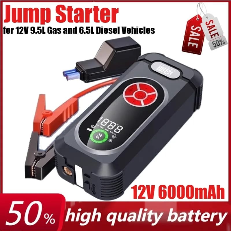 Avviatore di emergenza per auto 12V 6000mAh con pompa gonfiabile a luce LED Accumulatori e caricabatterie di riserva portatile per veicoli a gas 12V 9,5L e diesel da 6,5 litri