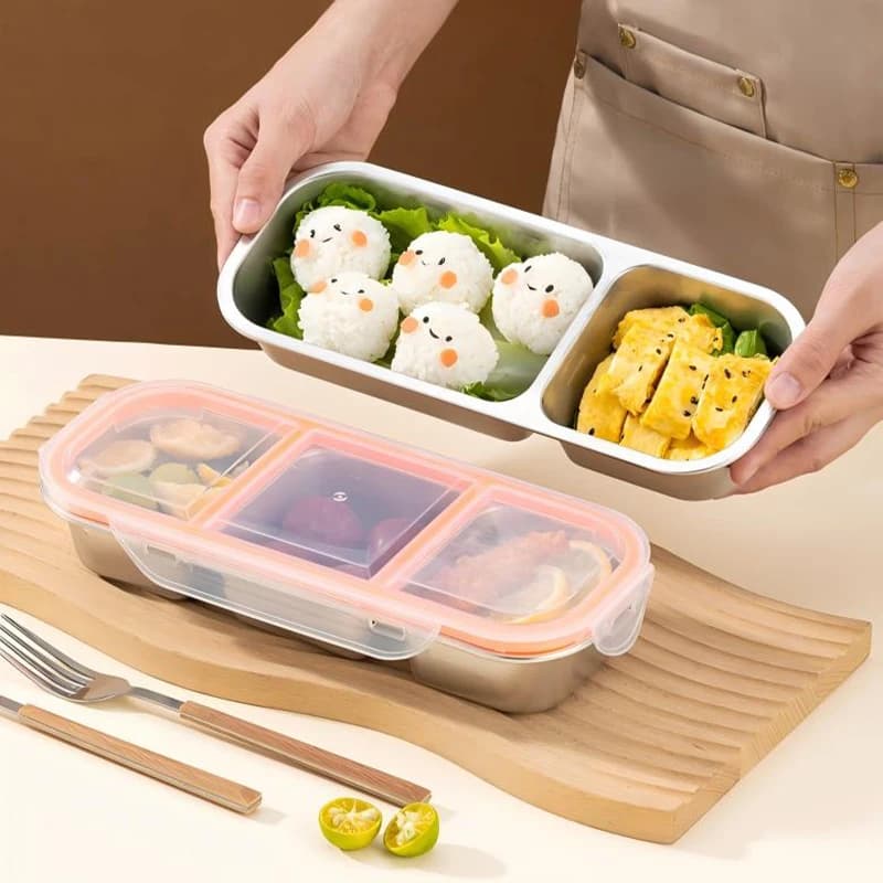 Food Grade 304 Stainless Steel Bento Box 3 Compartment Lunch Box Sealed Airtight Lid Leak Proof Portable Food Container