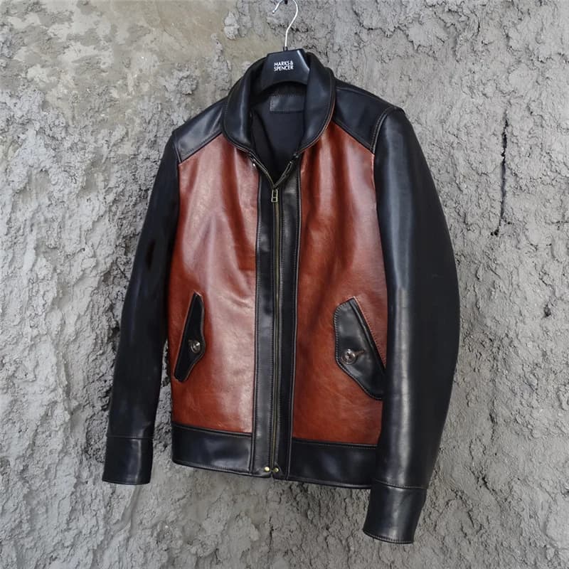 Giacca da Uomo in Pelle di Vacchetta Tinta a Cera, Stile Britannico, Verde con Colletto e Design a Intarsi, Cappotto Corto Urbano alla Moda