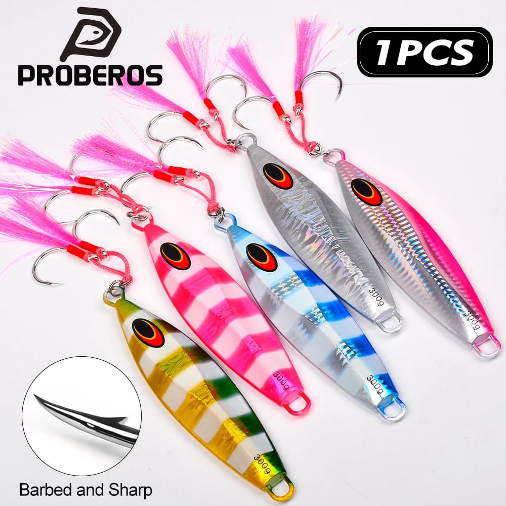 Proberos Esche Artificiali Luminose a 5 Colori per Slow/Speed Jigging 100g-300g, Esca Simulata con Occhio di Pesce 3D, 1 Pezzo, Esca Artificiale per Spigola