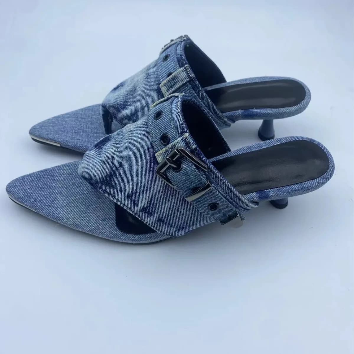 Denim Belt Buckle Pointed Toe Summer Women Slippers Stiletto Middle Heels Slip On Design Large Size Flip Flogs