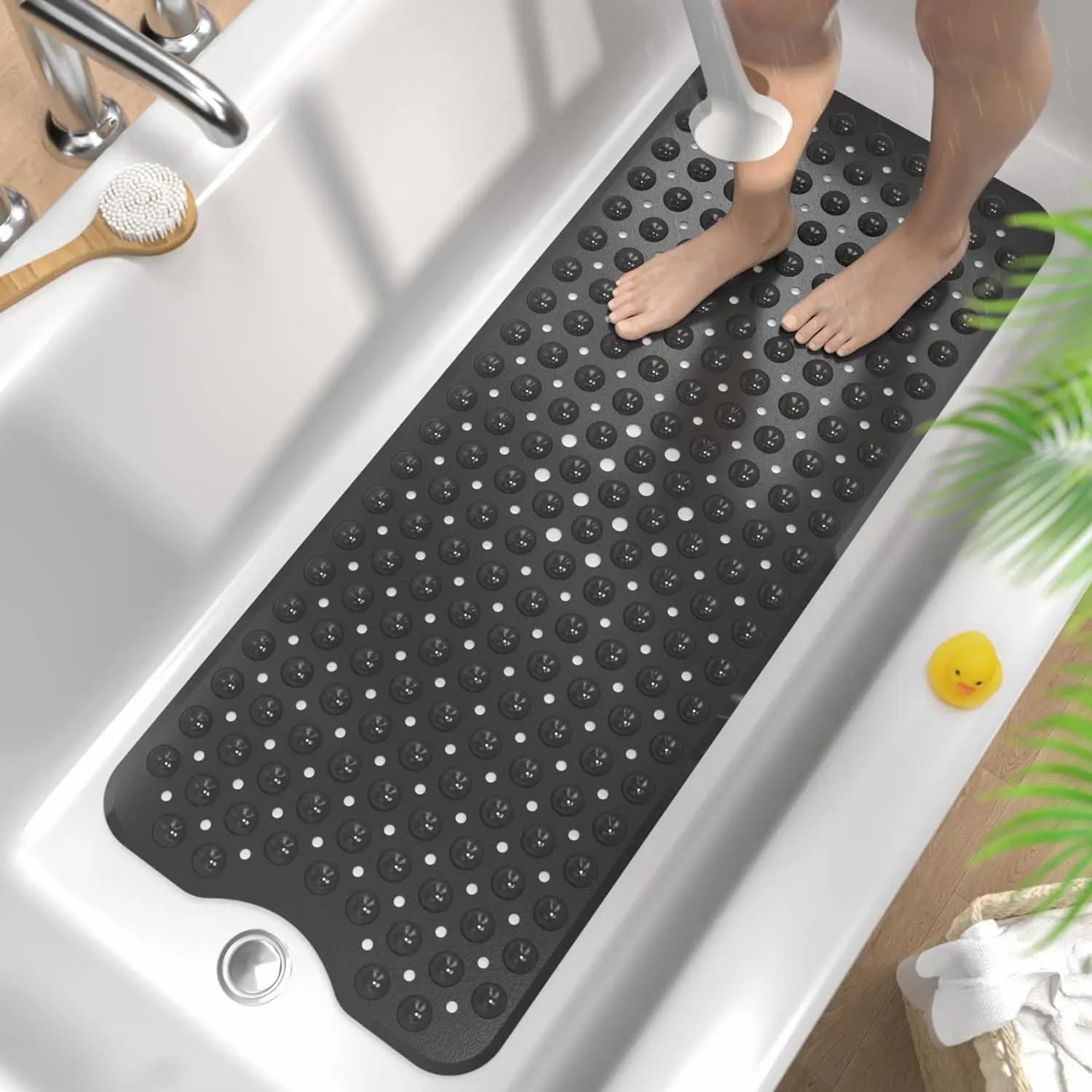 Non Slip Shower Bath Mat with Drain Holes & Strong Suction Cups, Machine Washable Waterproof Bathroom Floor Carpet