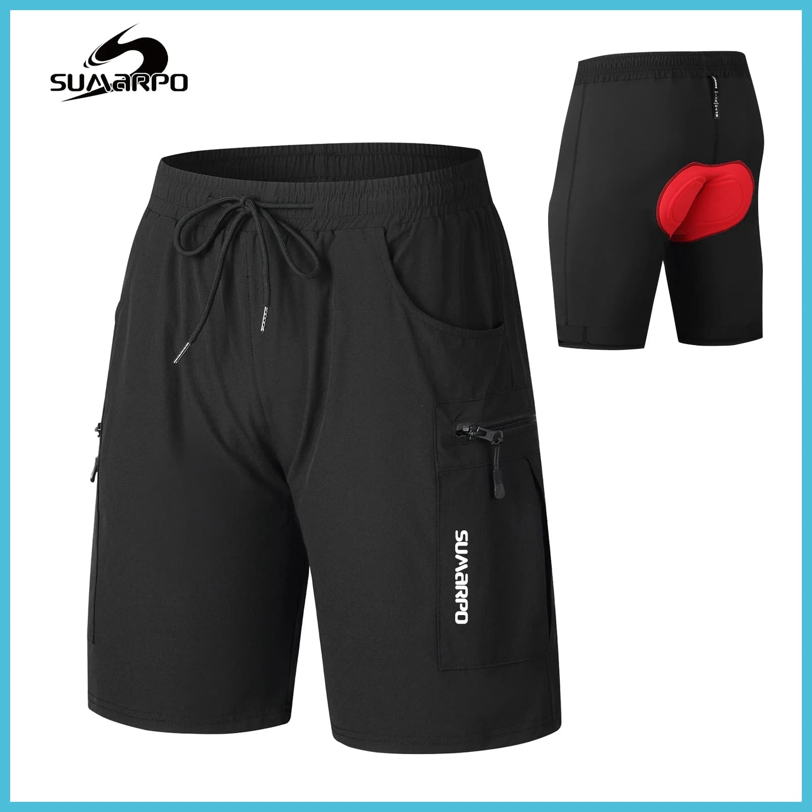 SUMARPO Pantaloncini da ciclismo per mountain bike, imbottiti ad asciugatura rapida, 4 tasche portaoggetti, Trail Riding Nero