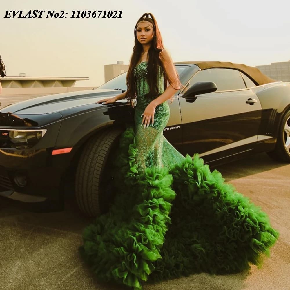 EVLAST Personalizzato Aso Ebi Abito da sera verde scuro Plus Size Perline di pizzo Gonna a strati africani Abito da ballo formale Abito da festa E2P86